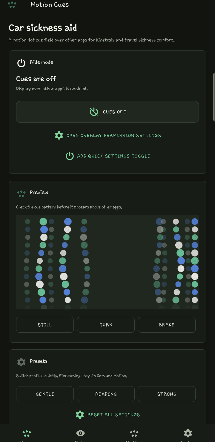 Motion Cues current state screen from the Android release capture