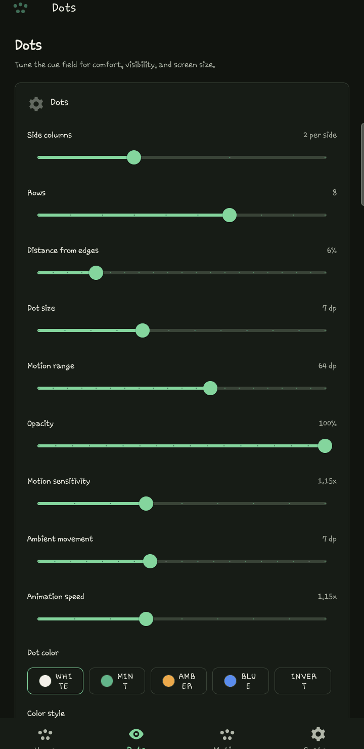 Motion Cues dot field preview from the Android release capture