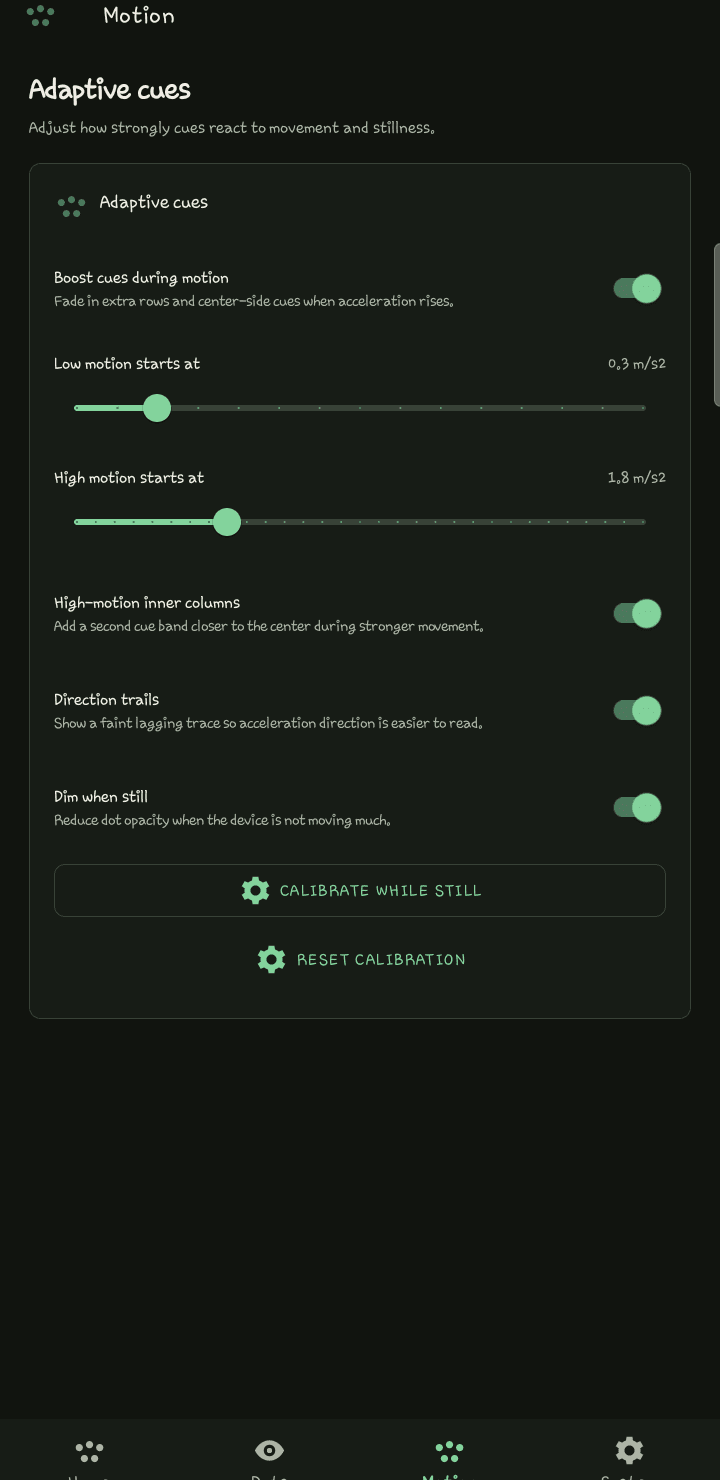 Motion Cues motion profile screen from the Android release capture