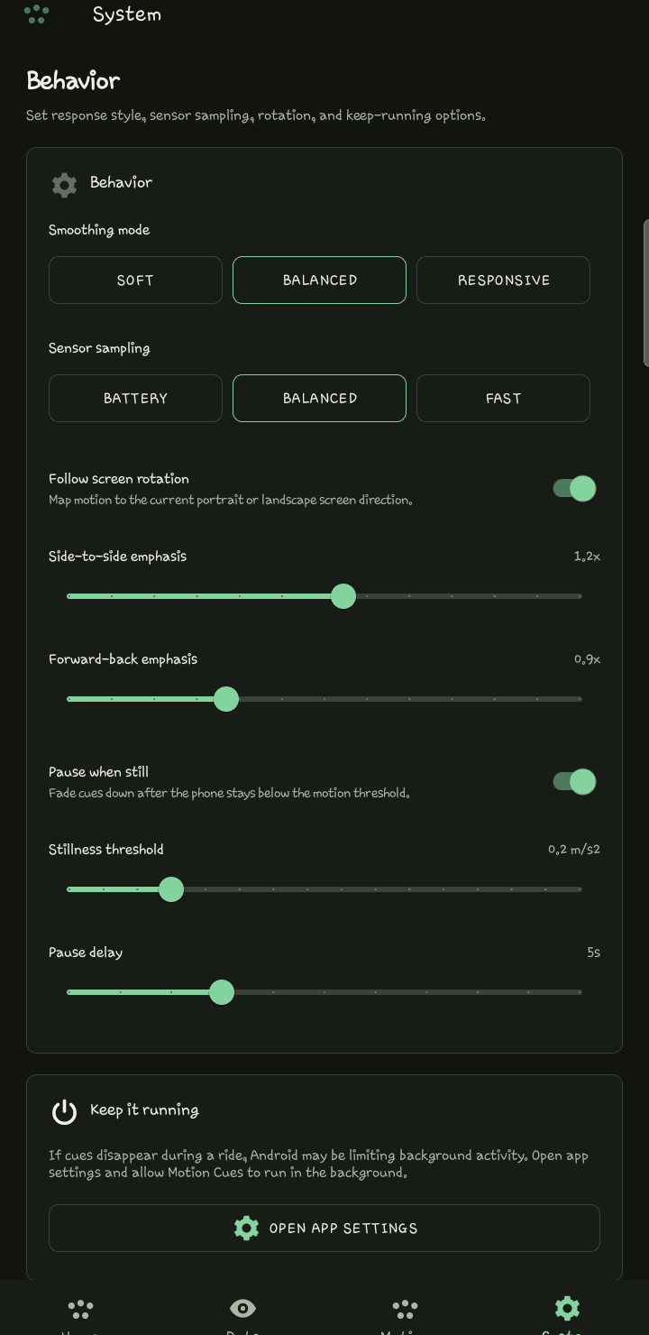 Motion Cues system controls screen from the Android release capture