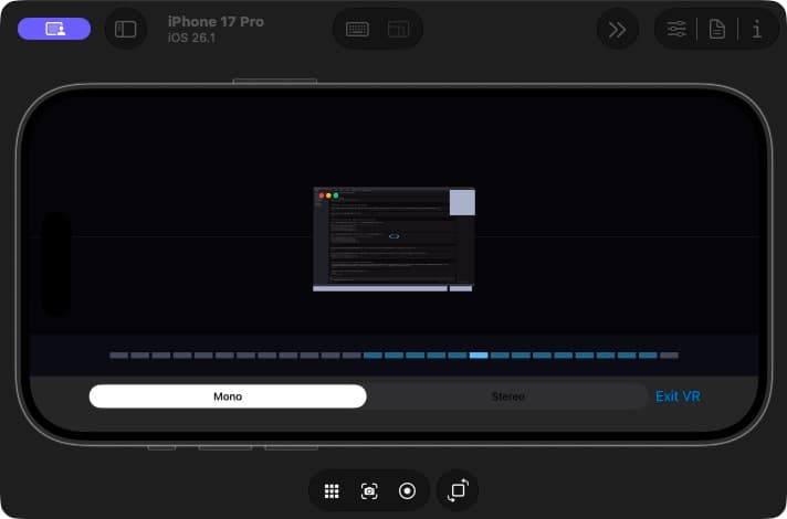 Live iPhone simulator capture of the VRMac spatial display