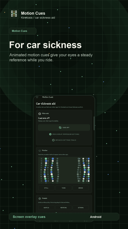 Motion Cues Android release screen showing the overlay controls and dots
